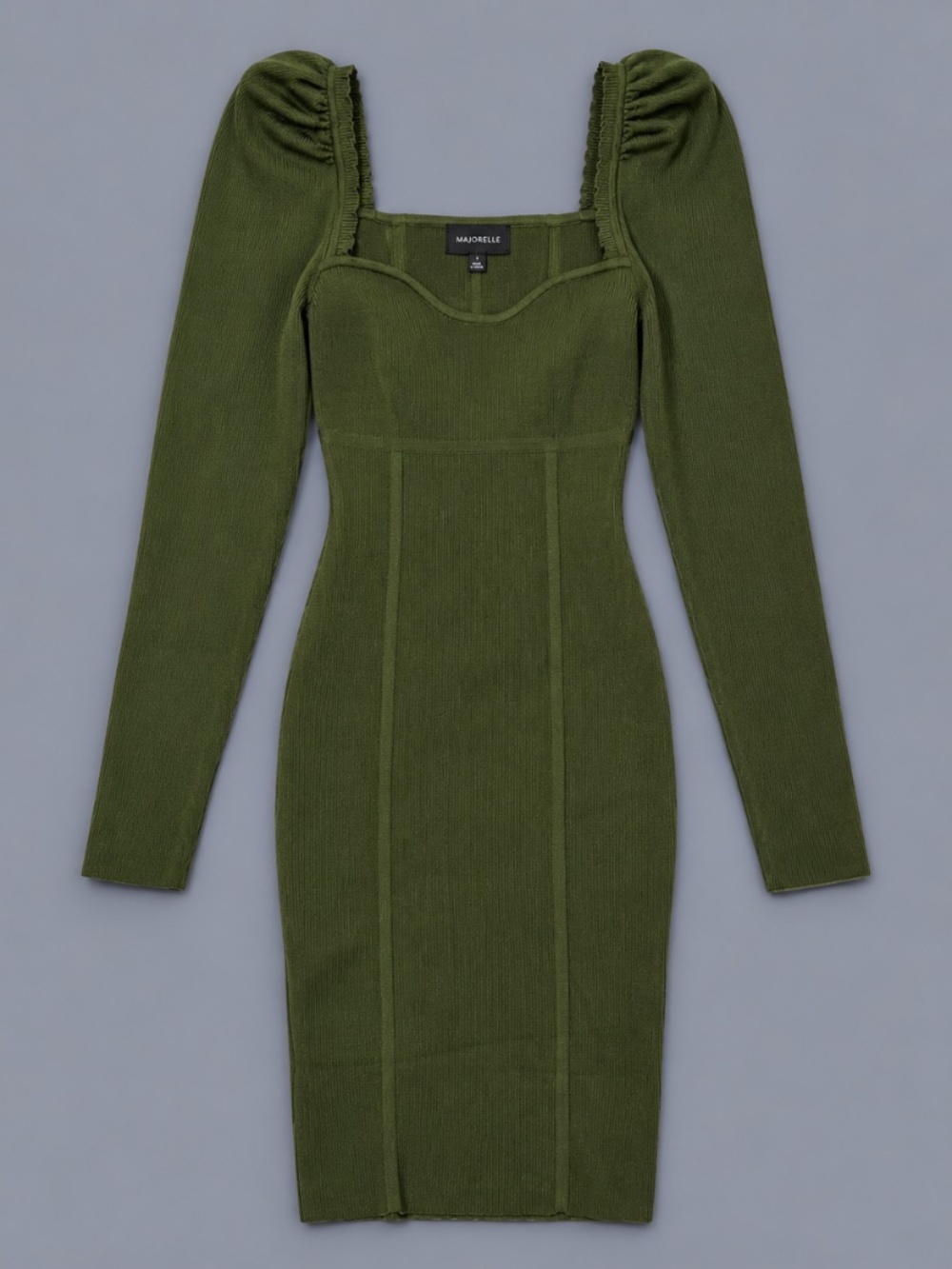 MAJORELLE Olive Green Ribbed Knit Bodycon Dress – Size S